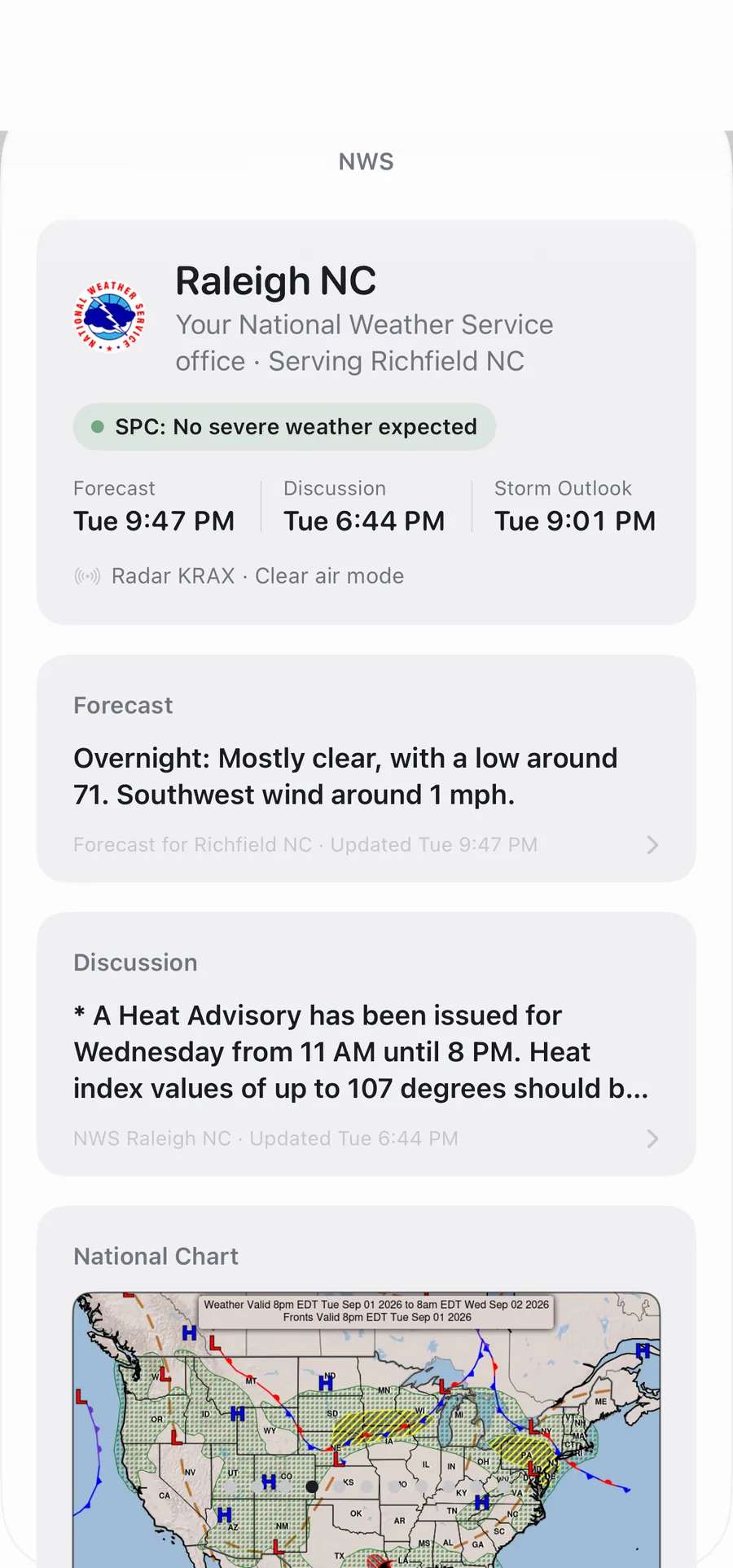 The NWS page in the GraySky app: the local office, its forecast, discussion, and briefing graphics