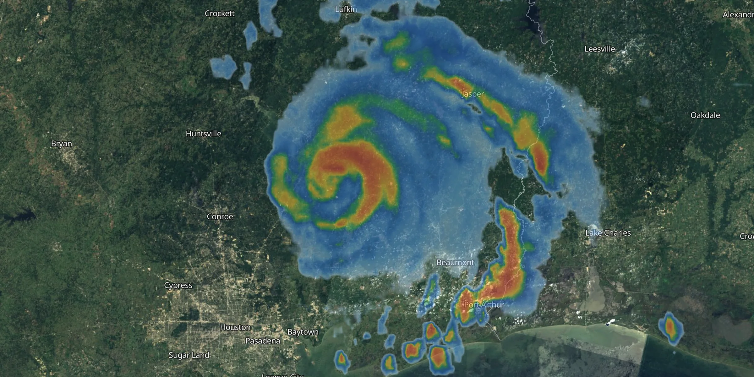 GraySky radar over southeast Texas: a tropical storm's spiral bands on the hybrid satellite basemap