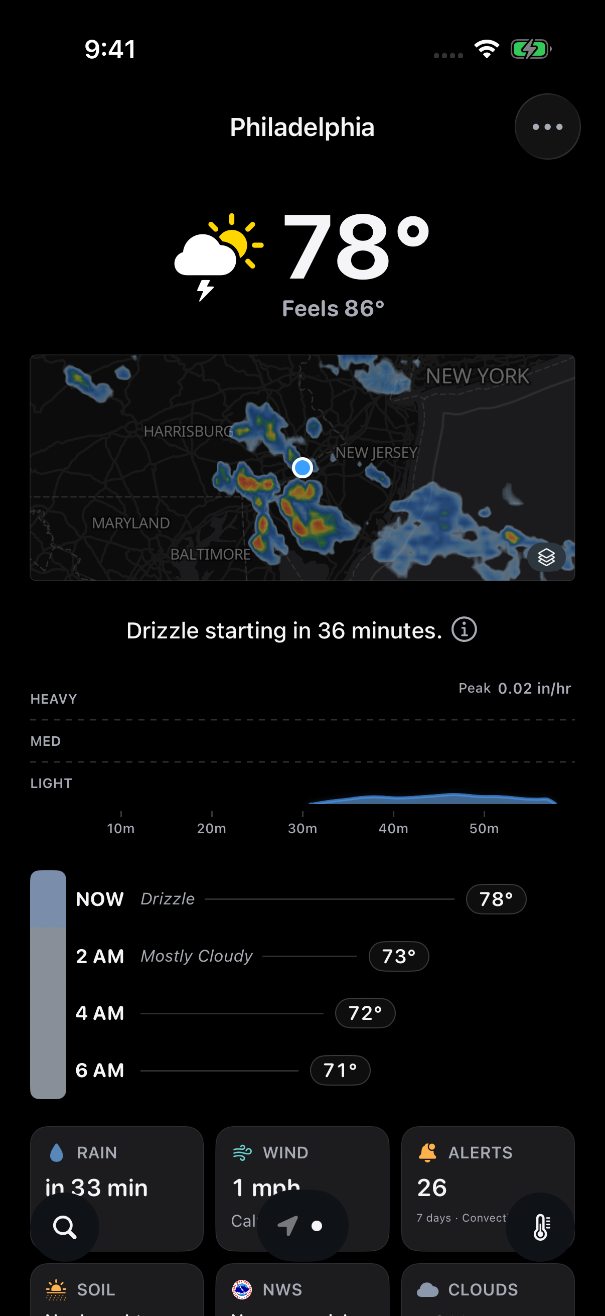 GraySky forecast on iPhone in dark appearance