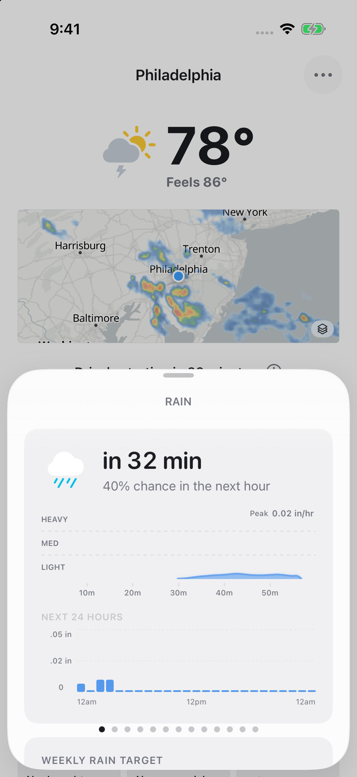 GraySky next-hour rain forecast on iPhone