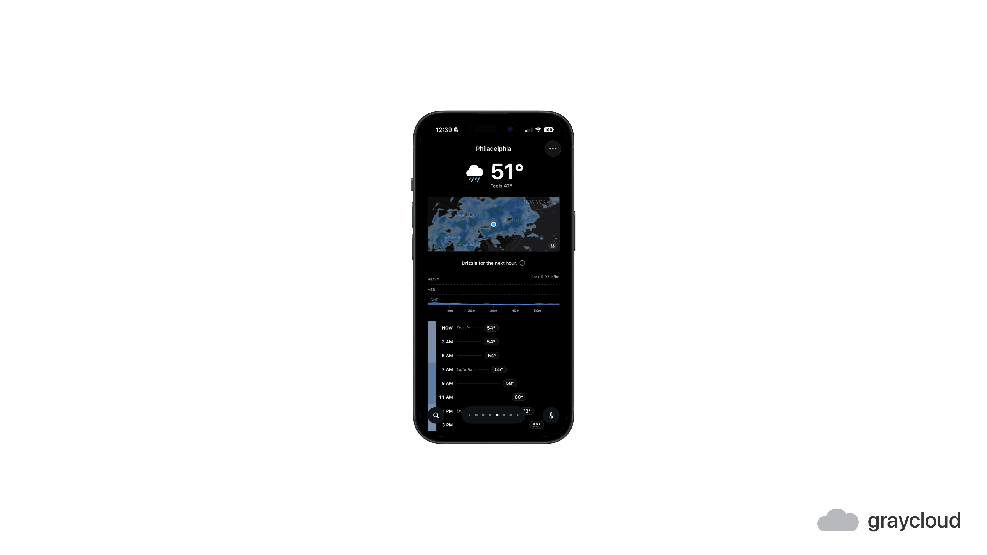 GraySky promo graphic showing the app on iPhone with the Philadelphia forecast, live radar map, and a minute-by-minute drizzle timeline for the next hour