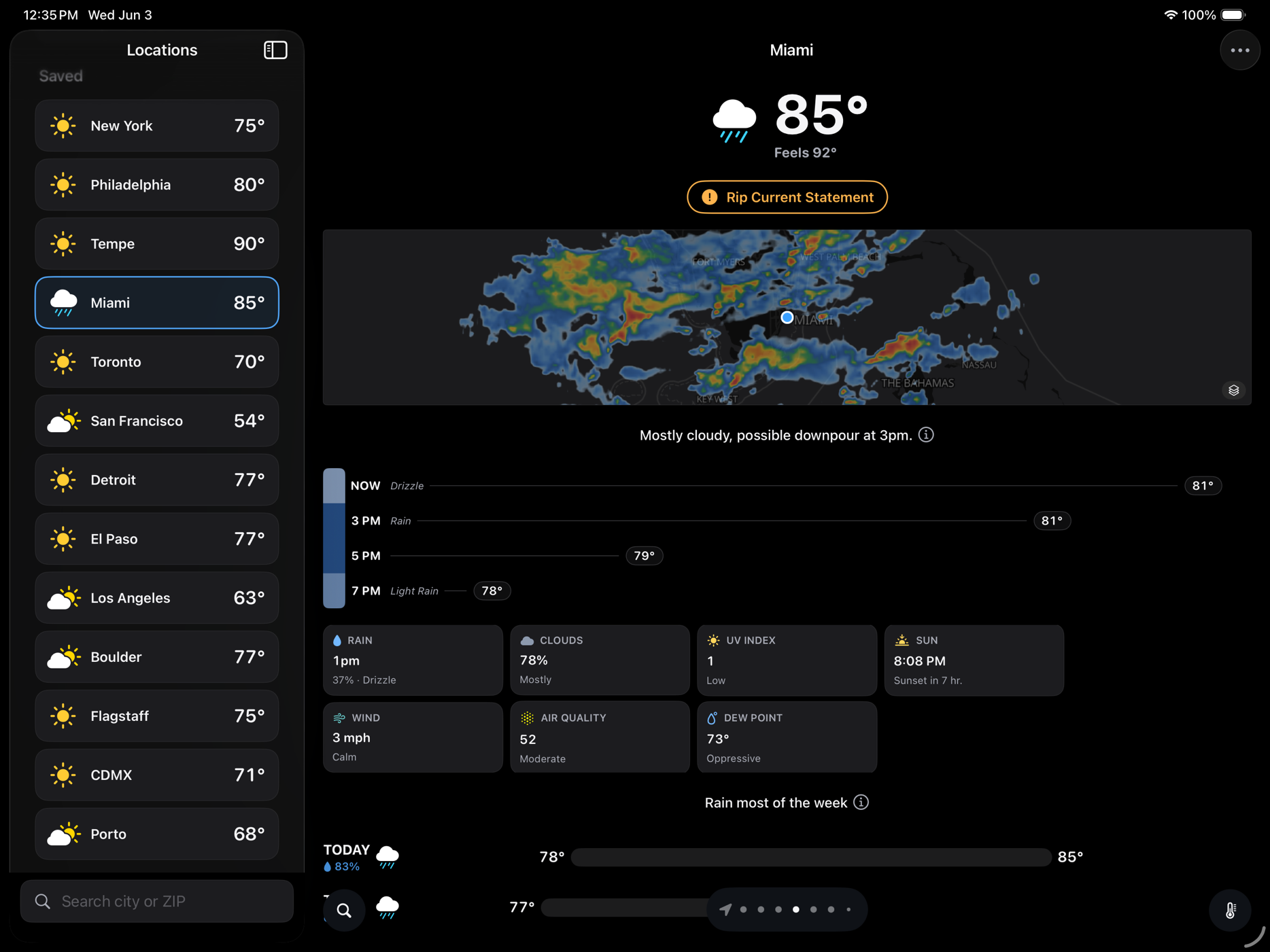 GraySky on iPad showing the Miami live radar, dark appearance