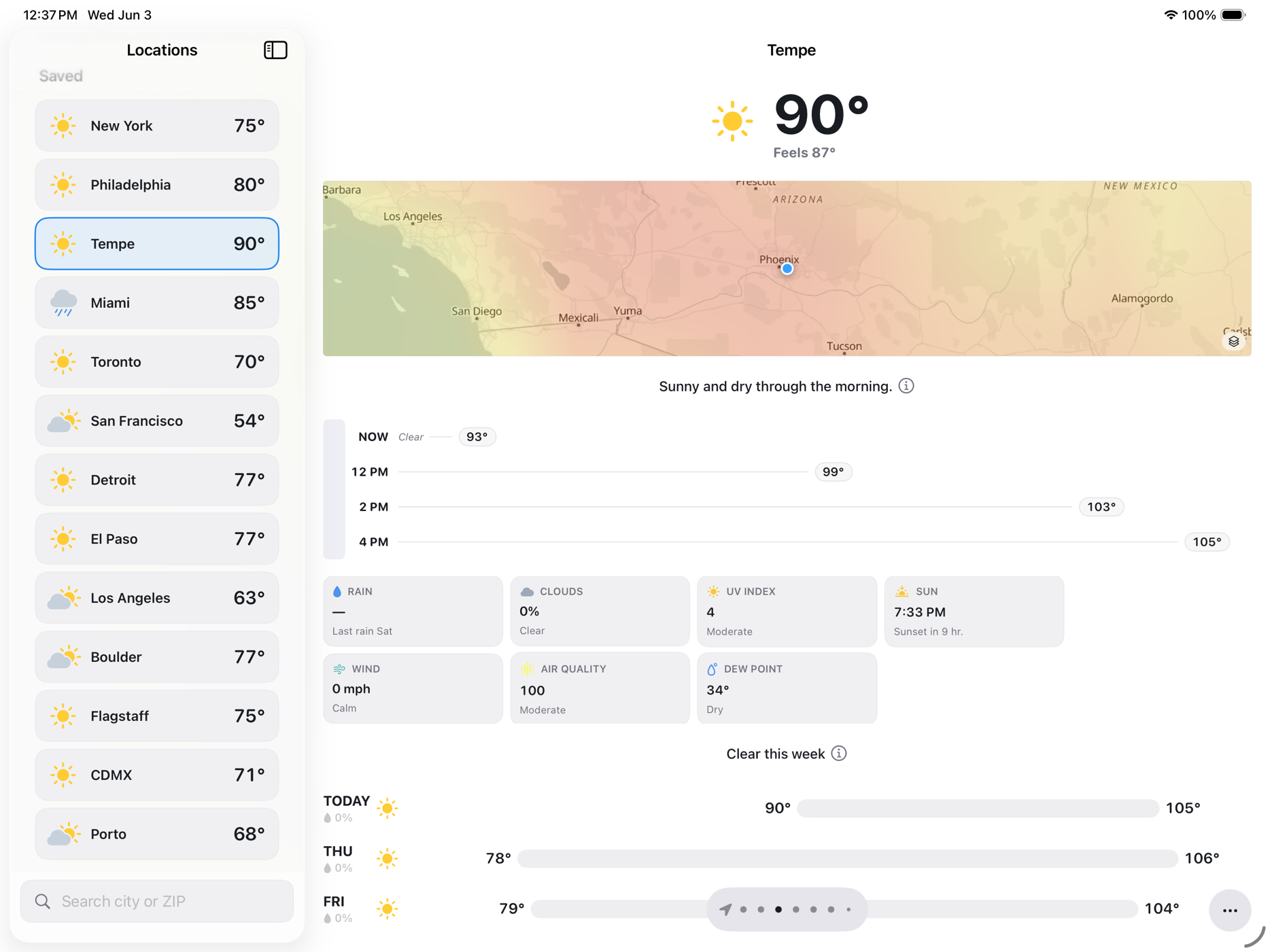 GraySky on iPad showing the Tempe forecast and heat map, light appearance