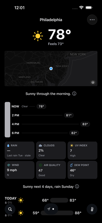 GraySky forecast home for Philadelphia on iPhone, dark appearance