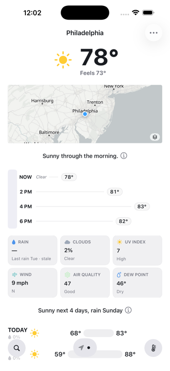 GraySky forecast home for Philadelphia on iPhone, light appearance