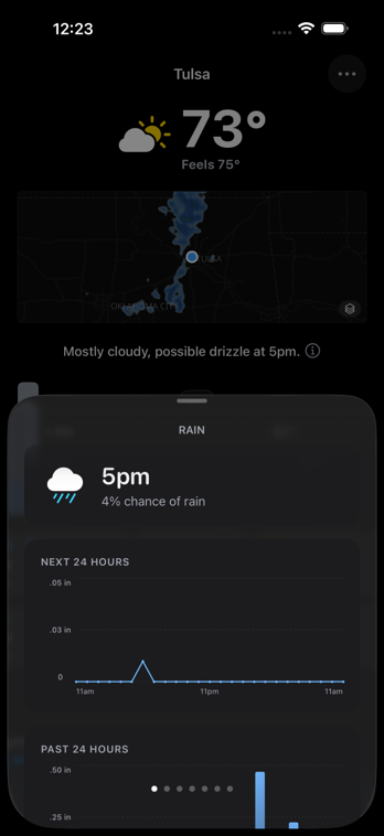 GraySky forecast for Tulsa on iPhone with the rain detail sheet sliding up