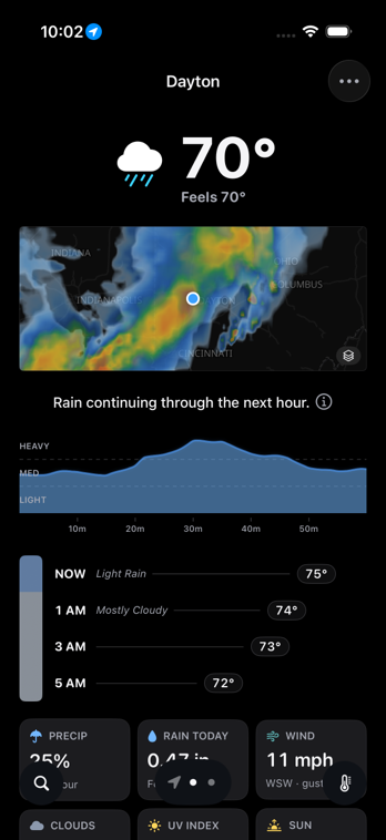 GraySky Raincast on iPhone showing a radar map and a minute-by-minute rain timeline