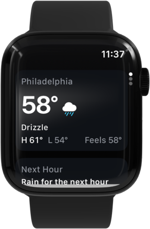 GraySky on Apple Watch showing Philadelphia at 58 degrees with drizzle